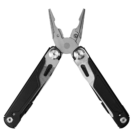 A multi-tool with an open plier feature. It has black and silver handles containing other tools such as a knife and screwdriver.