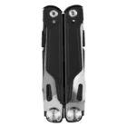 A black and silver multi-tool in a folded position, featuring various hinges and textured grips, against a white background.
