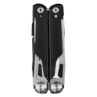 A closed black and silver multi-tool with visible screws and grooves, shown upright against a white background.