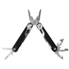A multifunctional tool with pliers, a knife, a bottle opener, and other tools extended. The handles are black with metallic accents. It is displayed against a plain white background.