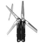 A multitool with a black handle, featuring extended tools: a knife blade, a saw blade, scissors, and a file, all arranged in a fanned-out position.