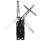 A multi-tool with several extended features, including a ruler, saw, and scissors, against a white background. The body is mostly black with metallic extensions.