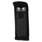 A black fabric knife case with a fold-over flap closure, partially open to reveal the tops of two silver screws. The case has a textured surface for grip.