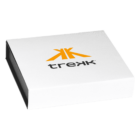 A white box featuring the trek logo in black, with an abstract orange design above the text.