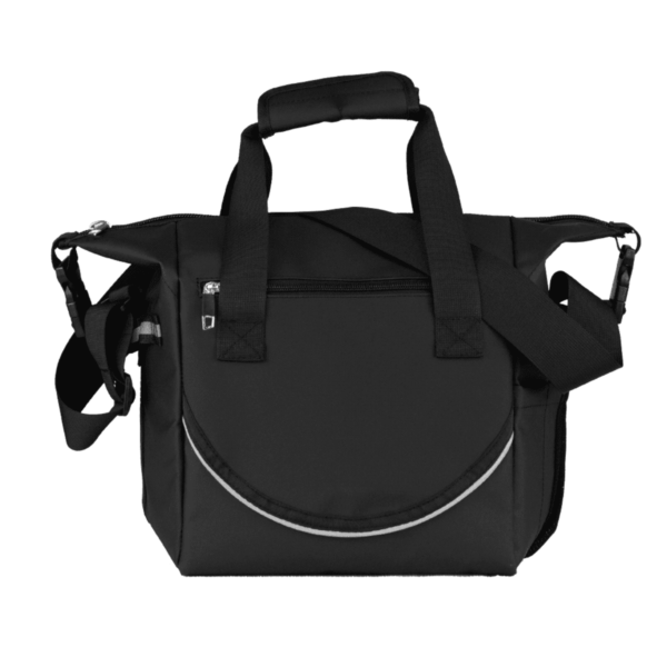 A black travel bag with two handles and a detachable shoulder strap. It features a front zippered pocket and a rounded flap accent. The design is simple and functional.