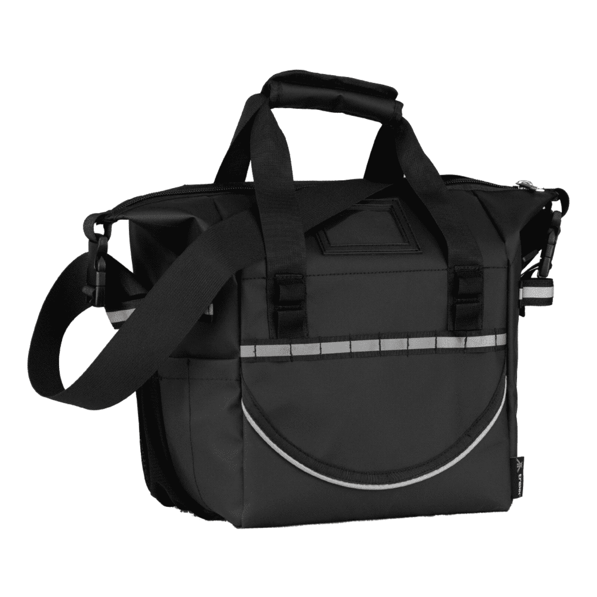 A black, rectangular shoulder bag with short handles and an adjustable strap. It features a front pocket with a reflective strip and a zipper, alongside a small upper compartment for additional storage.