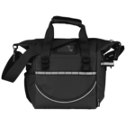 A black tool bag with dual handles and an adjustable shoulder strap. It features a front pocket with a reflective strip and multiple compartments for storage. The bag has a zippered closure and a rugged design.