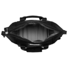 Open black duffel bag viewed from above, showing an empty, gray interior. The bag has handles and a zipper closure.
