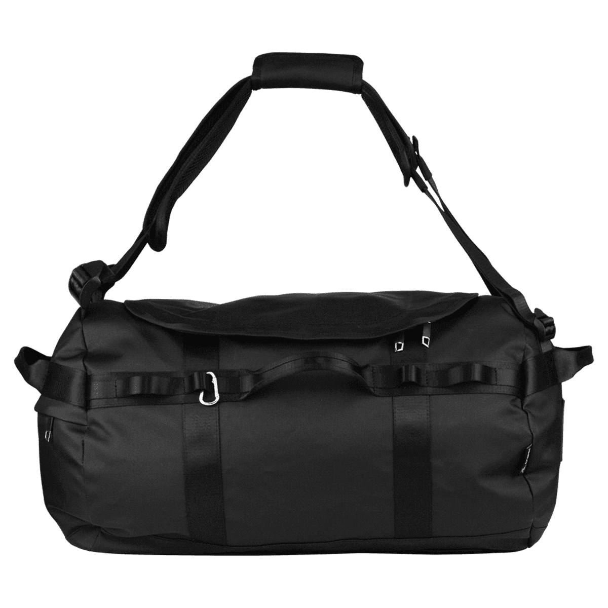 A black duffel bag with a large main compartment, padded shoulder strap, side straps, and several buckles for adjustment. The bag has a sleek design with minimal embellishments and appears durable and spacious.