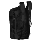 A large black duffel bag with shoulder straps, allowing it to be worn as a backpack. The bag features multiple handles and securing straps on the sides for versatile carrying options.