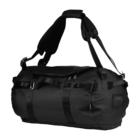 A black duffel bag with adjustable shoulder straps, multiple loops, and buckles for added functionality. The bag has a sleek design and appears spacious, suitable for travel or sports.