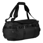 A black duffel bag with adjustable shoulder straps and side handles. The bag features multiple straps and buckles for secure closure, and a padded shoulder pad for comfort. It has a sleek design and appears spacious for travel or gym use.