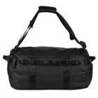 A black duffel bag with adjustable shoulder straps and multiple handles, set against a plain white background. The bag appears spacious and utilitarian, with visible buckles and a sleek design.
