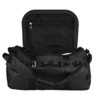 A black duffel bag with a zippered mesh pocket on the inside of the open top flap. The bag has a shoulder strap and handles, and is displayed against a white background.
