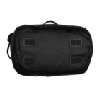 A black duffel bag with reinforced bottom pads is shown. It has a simple design with handles on the top and an adjustable shoulder strap on the side. The bag is spacious and suitable for travel or sports use.