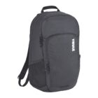 A black Thule backpack featuring a large main compartment, two zippered front pockets, and a mesh side pocket. The brand logo is printed vertically in white on the front. The backpack has adjustable padded shoulder straps and a top carrying handle.