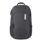 A black Thule backpack with a sleek, minimalist design. The brand name is displayed vertically in white on the front. It features multiple compartments and side mesh pockets for storage.