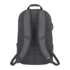 The image shows the back view of a black backpack with padded straps and a handle at the top. The design features adjustable shoulder straps and visible stitching details on the back.