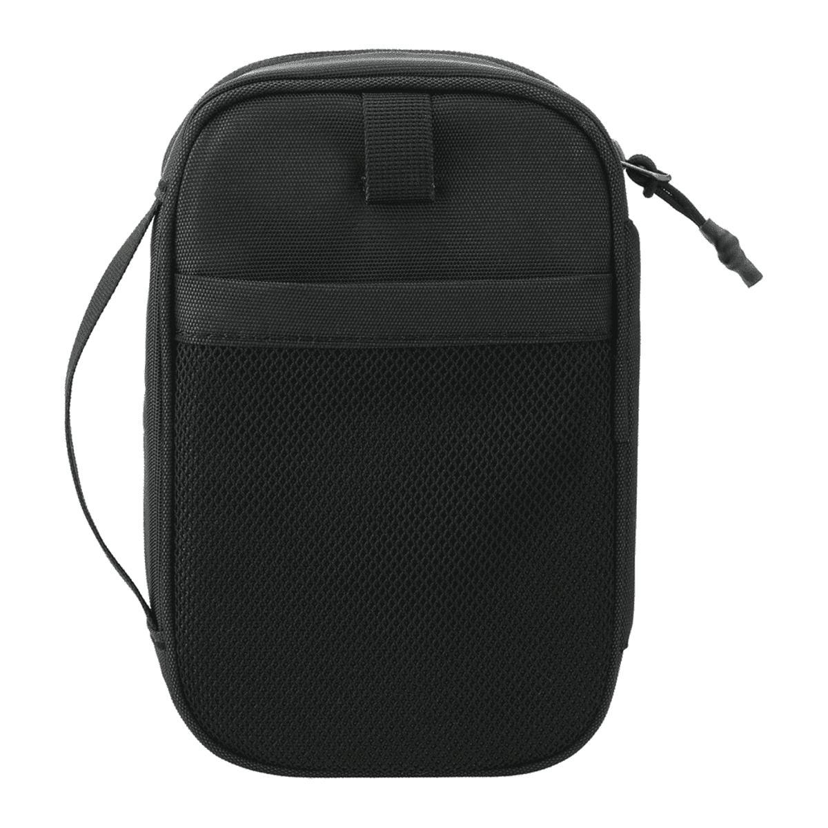 Black zippered crossbody bag with a mesh front pocket and detachable strap.