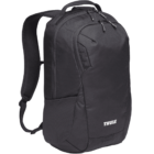 A black Thule backpack with a simple design is shown. It features adjustable straps, a top handle, and multiple compartments, including side pockets. The brand logo is visible on the lower front section.