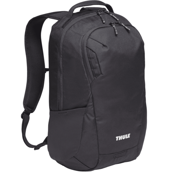 A black Thule backpack with a simple design is shown. It features adjustable straps, a top handle, and multiple compartments, including side pockets. The brand logo is visible on the lower front section.