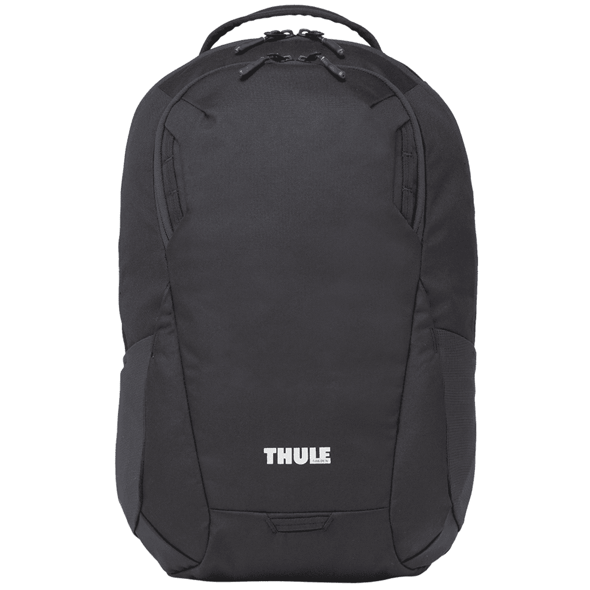 A black backpack with the brand logo Thule on the front. The design is sleek, featuring a slightly rounded shape. It includes a top handle and adjustable shoulder straps for carrying. Suitable for everyday use or travel.