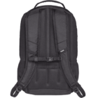 Back view of a black backpack showing padded shoulder straps, a handle at the top, and a clip across the chest area. The back panel appears cushioned for comfort, and the backpack is in an upright position against a white background.