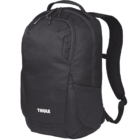 Black Thule backpack with a sleek design, featuring padded shoulder straps, a top handle, side pockets, and a zippered main compartment. The Thule logo is visible on the front.