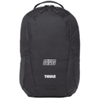 A black backpack with two logos: criptco in white lettering on the upper central area and THULE in white lettering below. The backpack has a streamlined, minimalist design with padded straps and multiple compartments.