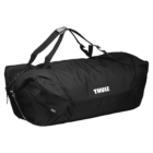 Black Thule duffel bag with shoulder straps and a large main compartment. The brand name Thule is printed in white on the side.