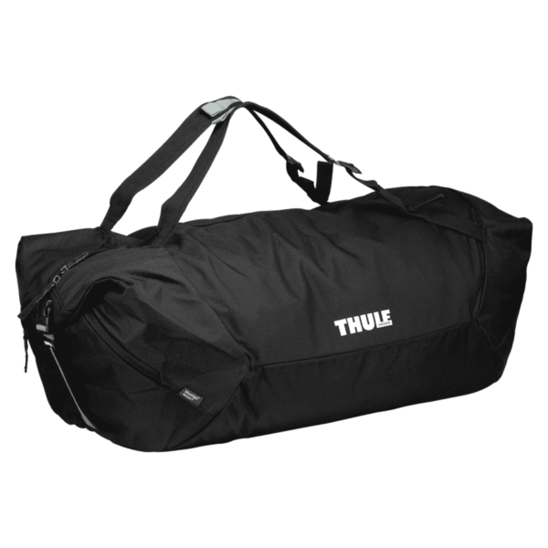 Black Thule duffel bag with shoulder straps and a large main compartment. The brand name Thule is printed in white on the side.