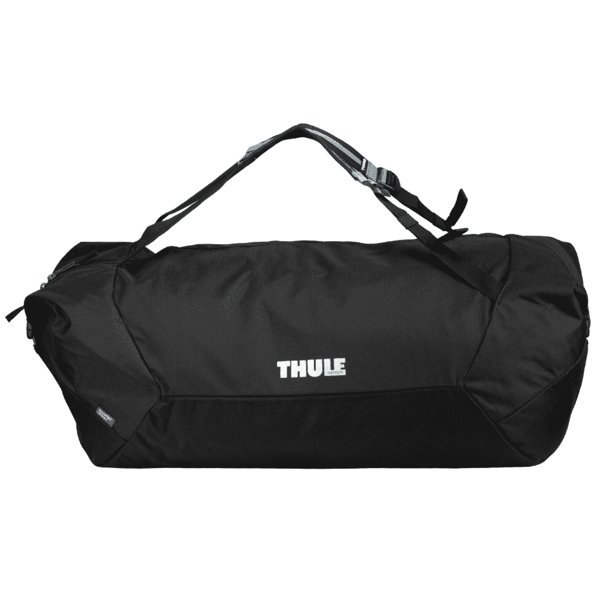 A large, black duffel bag with the brand name Thule printed in white on the side. It has dual handles for carrying and a streamlined design, suitable for travel or sports.