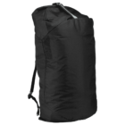A large black duffel bag standing upright with adjustable shoulder strap and top buckle closure. Its spacious design suggests it could be used for travel or sports. The fabric appears durable and weather-resistant.