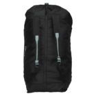 A black travel bag with turquoise straps laid on a white background. The bag has a vertical zipper down the center and branding text on the side.