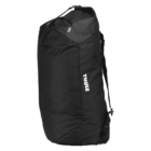 A large black Thule backpack with a top handle and padded shoulder straps. The design is sleek with a robust, angular shape. The brand name Thule is printed in white letters along the side.