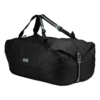 A black Thule duffel bag with adjustable shoulder straps and a zipper closure. The bag has a sleek design and the Thule logo is visible on the side.