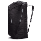 A black duffel bag with adjustable shoulder straps, designed for versatile carrying options. The bag features a minimalist design with a zippered closure and the brand logo Thule in white lettering on the side.
