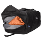 Black duffel bag partially unzipped to reveal an orange sleeping bag inside. The bag features a carrying handle, shoulder strap, and grey interior.
