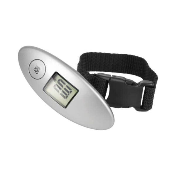 Silver digital luggage scale with an LCD display showing 100. A black strap with a plastic buckle is attached. The scale has an on/off button.
