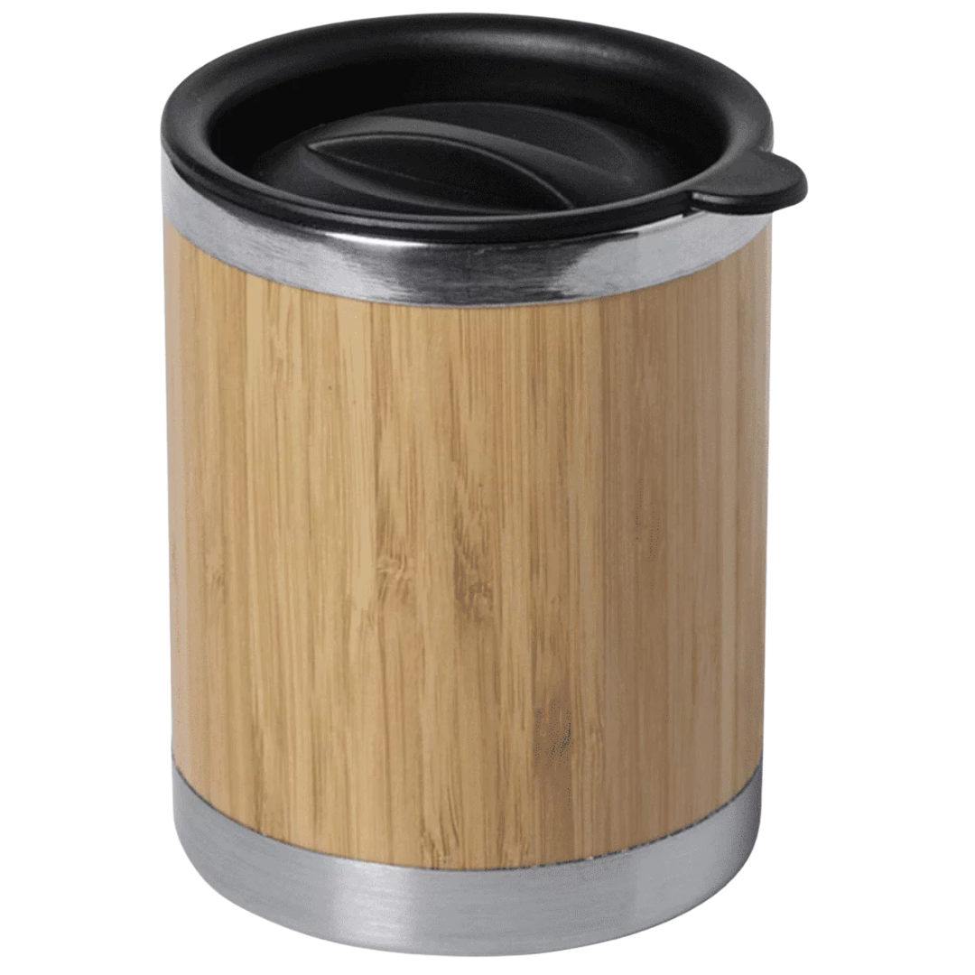 Trenton 300mL Eco Stainless Mug: bamboo travel mug with black lid and silver accents.