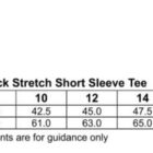 Size chart for the TS04A Ladies V-Neck Stretch Short Sleeve Tee, Slim Fit. Sizes 8 to 18 show half chest measurements (40.0-52.5 cm) and body length measurements (59.0-67.0 cm). Includes UPF 30+ and cotton stretch fabric logos.