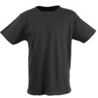 A plain black T-shirt displayed against a white background. The shirt has short sleeves and a crew neckline, showing its basic design and cotton texture.