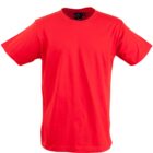 A plain, bright red short-sleeve T-shirt against a white background.