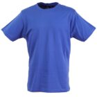 A plain blue T-shirt on a white background, displayed in a front-facing view. The T-shirt is short-sleeved with a round neckline, showing no design or logos.