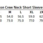 Size chart for a TS20 unisex cotton crew neck short sleeve tee shirt. Sizes XS to 5XL are listed with half chest and body length measurements in centimeters. A NEW label is displayed, and a cotton fabric icon is present.