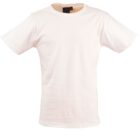 A plain white short-sleeve T-shirt on a white background, shown from the front. The shirt has a round neckline and a tag visible inside.