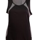 Sleeveless black athletic tank top with light gray mesh side panels.