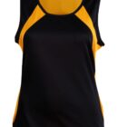 Sleeveless black sports jersey with yellow side and shoulder panels, shown on white background.