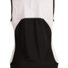 Back view of a sleeveless black and white athletic tank top.
