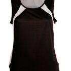 Sleeveless black athletic top with white mesh accents on shoulders and sides.